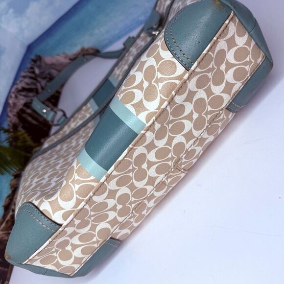 Coach Chelsea Heritage Stripe Signature Tote Teal & Khaki Coated Canvas #F15137 - Picture 7 of 12